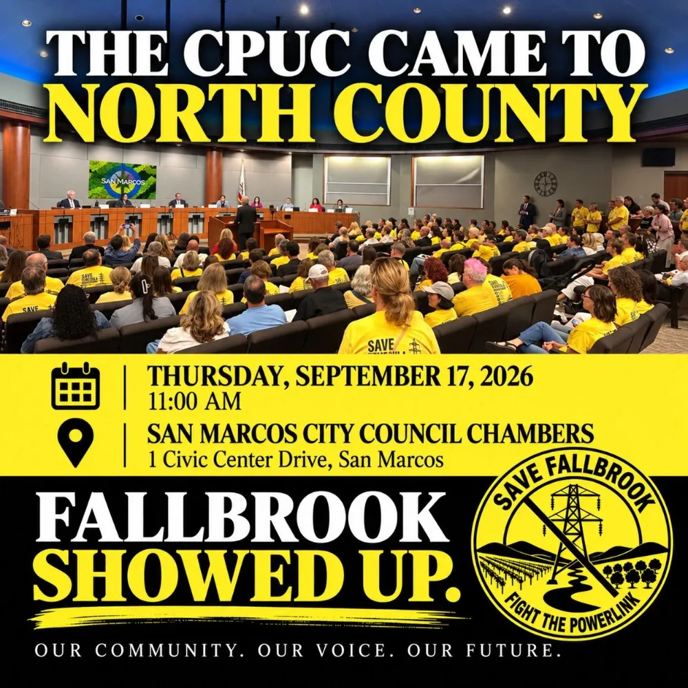 Fallbrook residents in Save Fallbrook yellow fill the San Marcos City Council Chambers for the CPUC meeting, September 17, 2026